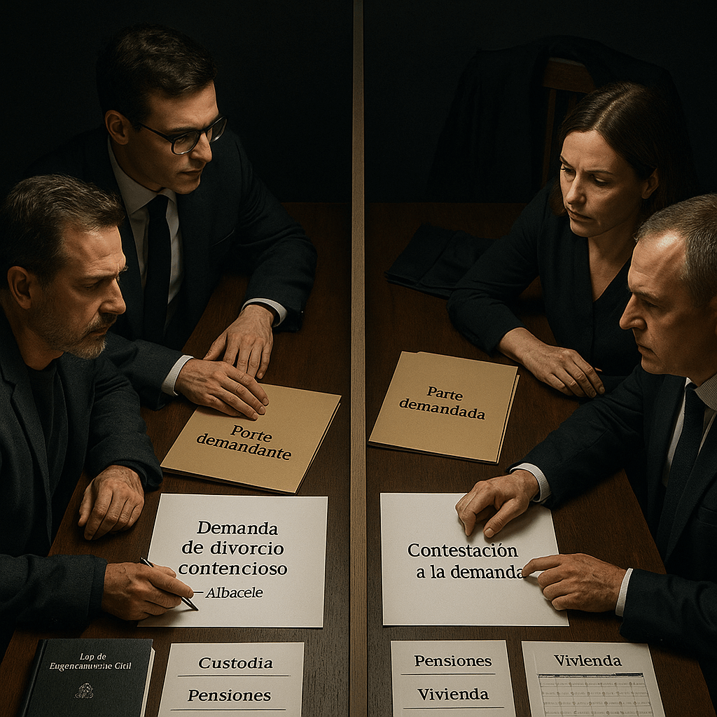 Abogado especialista en divorcio contencioso en Albacete, representación legal en procedimiento litigioso ante juzgado de familia, defensa de intereses en desacuerdo sobre custodia, pensiones, vivienda y régimen de visitas, demanda y contestación de divorcio conflictivo en España