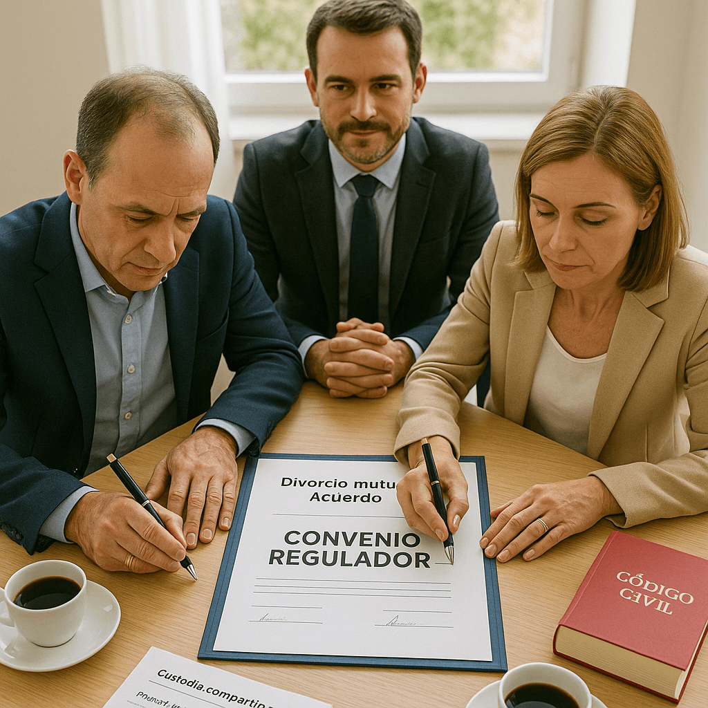 Abogado de familia en Albacete gestionando divorcio de mutuo acuerdo, pareja firmando convenio regulador de forma conjunta y amistosa, proceso rápido y económico, separación civilizada con respeto mutuo y acuerdo en custodia, pensiones y bienes en España