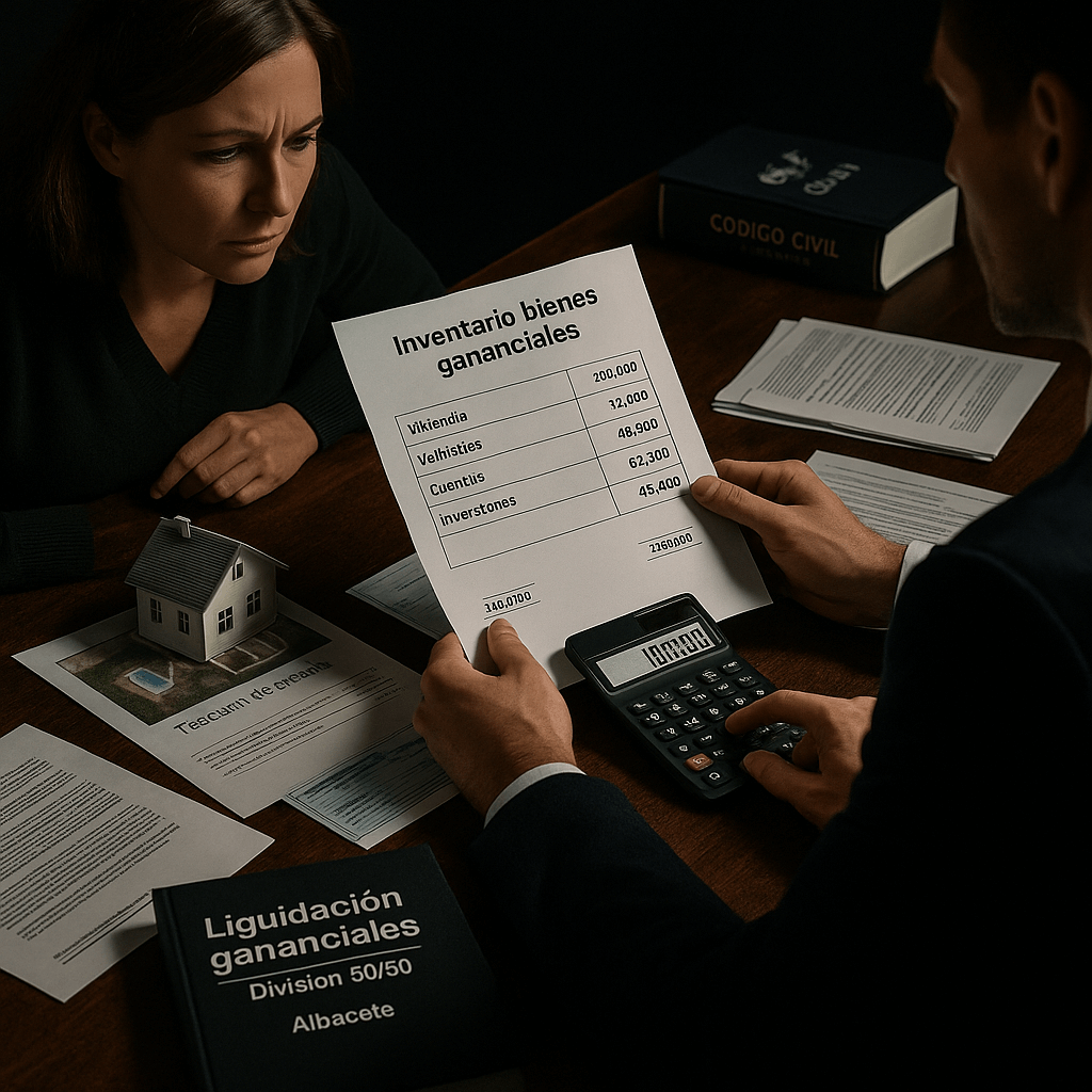 Abogado especialista en liquidación de bienes gananciales en divorcio Albacete, inventario completo de patrimonio matrimonial, tasación de viviendas, valoración de vehículos, reparto de cuentas bancarias, fondos de inversión, división equitativa 50/50, escrituras de adjudicación según Código Civil español